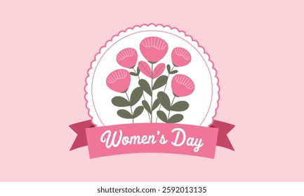 A charming graphic featuring a bouquet of pink flowers in a decorative white scalloped circle, set against a soft pink background.