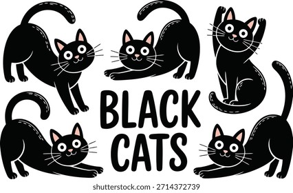 Charming graphic featuring multiple cartoon black cats in cute playful poses, centered around bold "BLACK CATS" text.