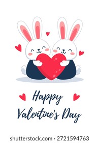 Una encantadora ilustración gráfica de dos conejos blancos sosteniendo un Grande corazón rojo con el texto "Feliz Día de San Valentín".