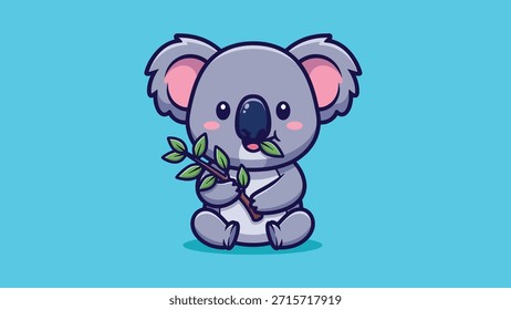 Encantador koala de dibujos animados gris con Grande nariz negra y orejas interiores rosadas, sentado y disfrutando de una Pequeña rama de hojas de eucalipto verde.