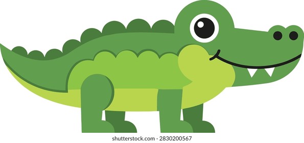 A charming green alligator cartoon character with a friendly smile and big eyes, isolated on white. Perfect for children's books, educational materials, and playful designs.