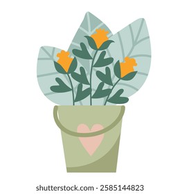 Charming Green Bucket with Yellow Flowers and Large Leaves Whimsical Floral Illustration for Nature-Inspired Decor and Design