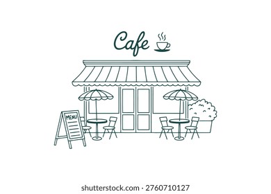 Charming green cafe with outdoor seating and umbrellas