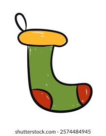 A charming green Christmas stocking with red and yellow accents, perfect for holiday decor. vector illustration