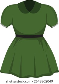 A charming green dress featuring a classic collar and fitted waist belt, showcasing a timeless style.