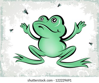 Charming green frog catches flies round herself.