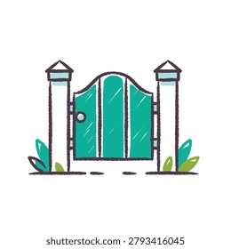 A charming green gate with a curved top, flanked by two stone pillars and small green plants on either side, rendered in a simple, illustrative style.