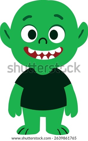 Charming green monster boy in a black t-shirt, showing off his big, friendly white teeth. This illustration highlights a unique and approachable character for various uses.