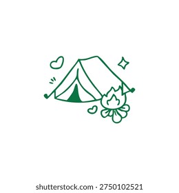 A charming green outline doodle features a camping tent, a cozy campfire, hearts, and a sparkle, illustrating an outdoor adventure.