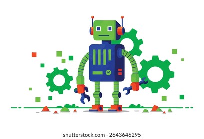 Charming Green Robot A Delightful Flat Illustration of a Friendly Mechanical Companion, Perfect for Children's Books, Websites, and App Designs	
