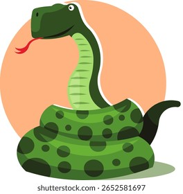 A charming green snake curled up in a playful cartoon vector illustration. Ideal for themes of nature, wildlife, pets, or symbolic representations of wisdom, transformation, or exotic animals