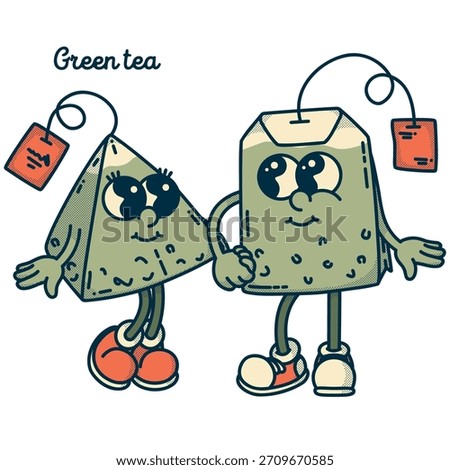 Charming green tea bag duo - rectangular Sencha and pyramid Matcha. Retro couple illustration