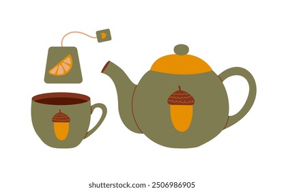 Charming Green Tea Set Featuring Teapot, Cup, Teabag with Acorn and Heart Design, Isolated Hand Drawn Vector Illustration Perfect for Autumn and Fall Indoor Decor.