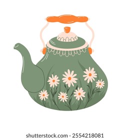 Charming green teapot with floral design in flat style. Perfect for kitchen decor and tea related design, print, card and cafe. Chamomile, daisy.