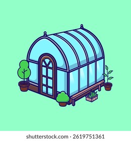 Charming greenhouse illustration in flat cartoon style. Perfect for gardening icons, eco-friendly designs, plant care graphics, and outdoor architecture visuals.