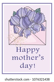 Charming Greeting Card HAPPY MOTHER'S DAY Iris Fairy Lilac Purple Flower Pink Gift Color Vector Magic Picture Drawing Set Scrapbooking Mother Day Print Card