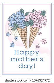 Charming Greeting Cards HAPPY MOTHER'S DAY Hydrangea Fairy Lilac Purple Flower Pink Gift Color Vector Magic Picture Drawing Set Scrapbooking Mother Day Print Card 