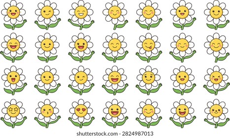 A charming grid of stylized 2D floral illustrations featuring yellow and white flowers with green leaves and stems in a repeating pattern.