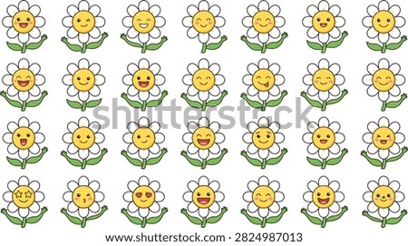 A charming grid of stylized 2D floral illustrations featuring yellow and white flowers with green leaves and stems in a repeating pattern.