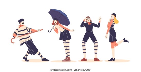 Charming Group Of Mime Characters In Classic Striped Costumes Displaying Playful And Expressive Poses With Various Props