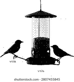 A charming halftone illustration in black and white depicting a bird feeder with two birds perched on it. Perfect for nature, wildlife, or garden themes.
