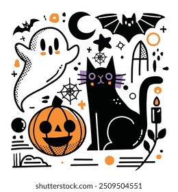 Charming Halloween doodle featuring a friendly ghost, black cat, jack o lantern, bat, moon, and cobweb in a playful, whimsical style.
