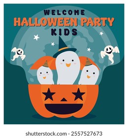 A charming Halloween featuring adorable ghosts emerging from a smiling pumpkin, perfect for children party invitations and festive celebrations. Flat vector modern illustration 