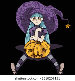 Charming Halloween illustration of a blue-haired witch sitting on a carved pumpkin, with a whimsical purple hat and striped leggings.