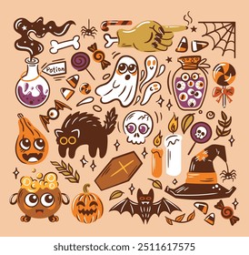 Charmosa ilustração de Halloween com vários ícones assustadores e elementos deliciosos. Conjunto de ilustrações vetoriais em estilo de esboço. Poção, crânio, zumbi, chapéu de bruxa, fantasmas outros personagens assustadores.