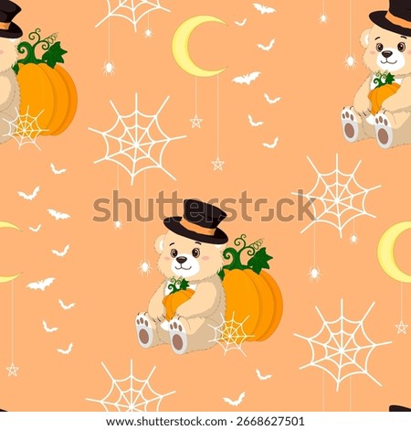 A Charming Halloween Seamless Pattern Featuring Teddy Bears, Pumpkins, Spiderwebs, Bats and a Crescent Moon. Adorable Bear Cub wearing a Top Hat in Halloween Theme. Cute Spooky Season Background.