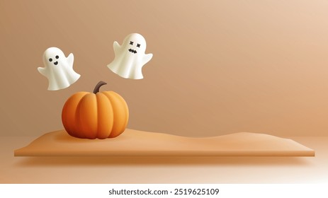 Una encantadora escena de Halloween con una calabaza alegre y dos fantasmas flotantes adorables, . Este diseño minimalista captura una atmósfera divertida y espeluznante de Halloween.