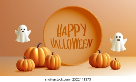 Una encantadora escena de Halloween con una alegre calabaza y dos adorables fantasmas flotantes, ambientada sobre un suave fondo naranja de otoño. Este diseño minimalista captura un Halloween juguetón y espeluznante