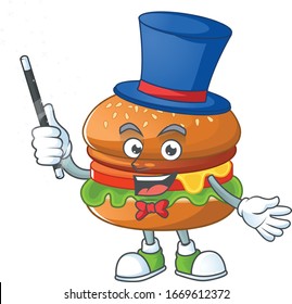 Charming hamburger cartoon design performance as a Magician style