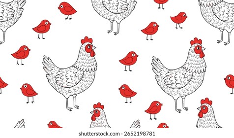 Charming pintos desenhados à mão e pássaros vermelhos padrão animal de fazenda