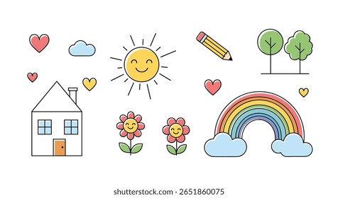 Charming Hand Drawn Children's Illustration Elements for Playful Designs