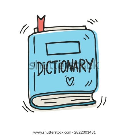 A charming hand drawn doodle of a blue dictionary book with a red bookmark and a small heart icon