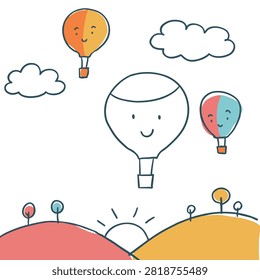 A charming hand drawn doodle featuring a central uncolored hot air balloon flanked by two smaller colored balloons with happy faces floating above hills