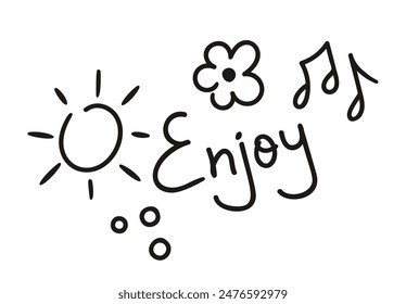 Charming Hand Drawn Doodle Set Featuring A Sun, Flower, Music Notes, And The Word Enjoy. Girly Ink Sketch Design