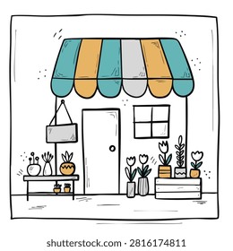 A charming hand drawn doodle of a small boutique flower shop with a striped awning and various potted plants displayed outside.