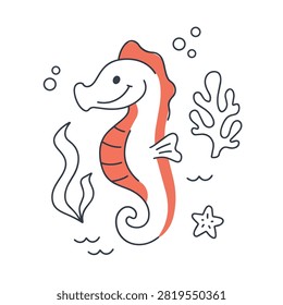 A charming hand drawn doodle of a smiling seahorse surrounded by simple sea elements like coral seaweed and a starfish