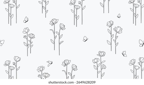 Charming hand drawn floral pattern with delicate butterflies fluttering among blooming flowers in a whimsical garden setting creating a delightful visual experience