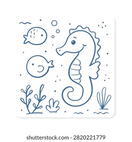 A charming hand drawn illustration featuring a cute seahorse accompanied by small fish and seaweed elements in a simple doodle style