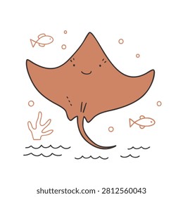 A charming hand drawn illustration of a friendly stingray swimming surrounded by small fish and bubbles