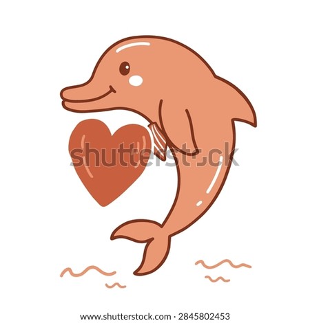 A charming hand drawn illustration of a friendly pink dolphin character smiling while holding a heart shape