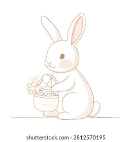 A charming hand drawn illustration of a small white rabbit holding a basket filled with spring flowers