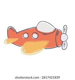 A charming hand drawn illustration of a small orange toy airplane with yellow wings and a propeller isolated on white background