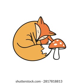 A charming hand drawn illustration of a small orange fox curled into a ball while sleeping peacefully beside a spotted red mushroom on a white background