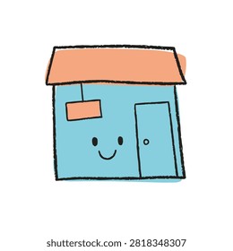A charming hand drawn illustration of a small blue building shaped like a shop with a smiling face and an orange roof.