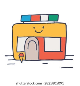 A charming hand drawn illustration of a small colorful ice cream parlor with a happy smiling face and a sign