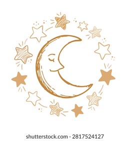 A charming hand drawn illustration of a smiling crescent moon surrounded by twinkling stars in a sketchy doodle style.